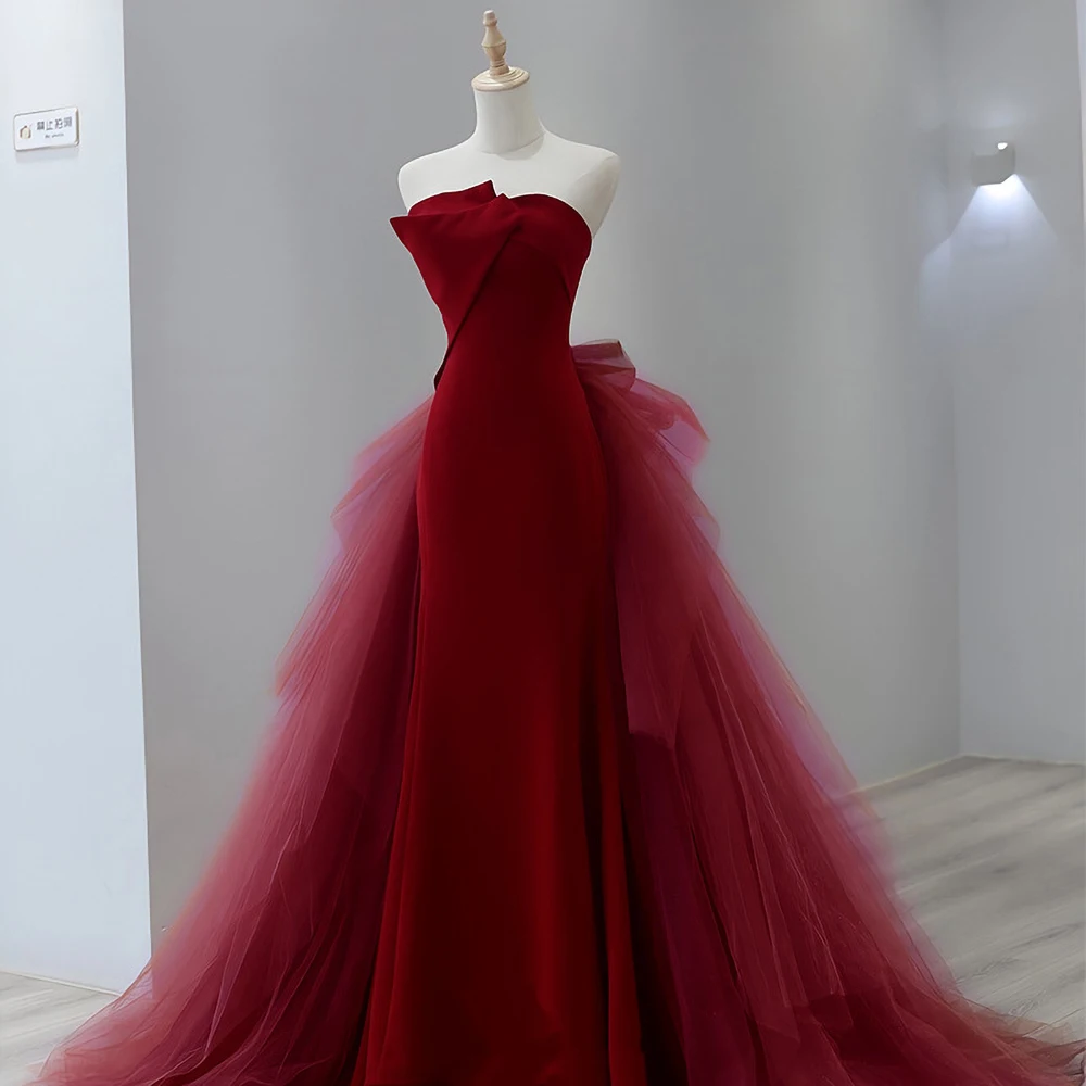 Wine Red Formal Prom Dress Elegant High Quality Custom Tube Top Tulle Dress Princess Classic Woman Wedding Dress Fashion New
Wine Red Formal Prom Dress Elegant High Quality Custom Tube Top Tulle Dress Princess Classic Woman Wedding Dress Fashion New