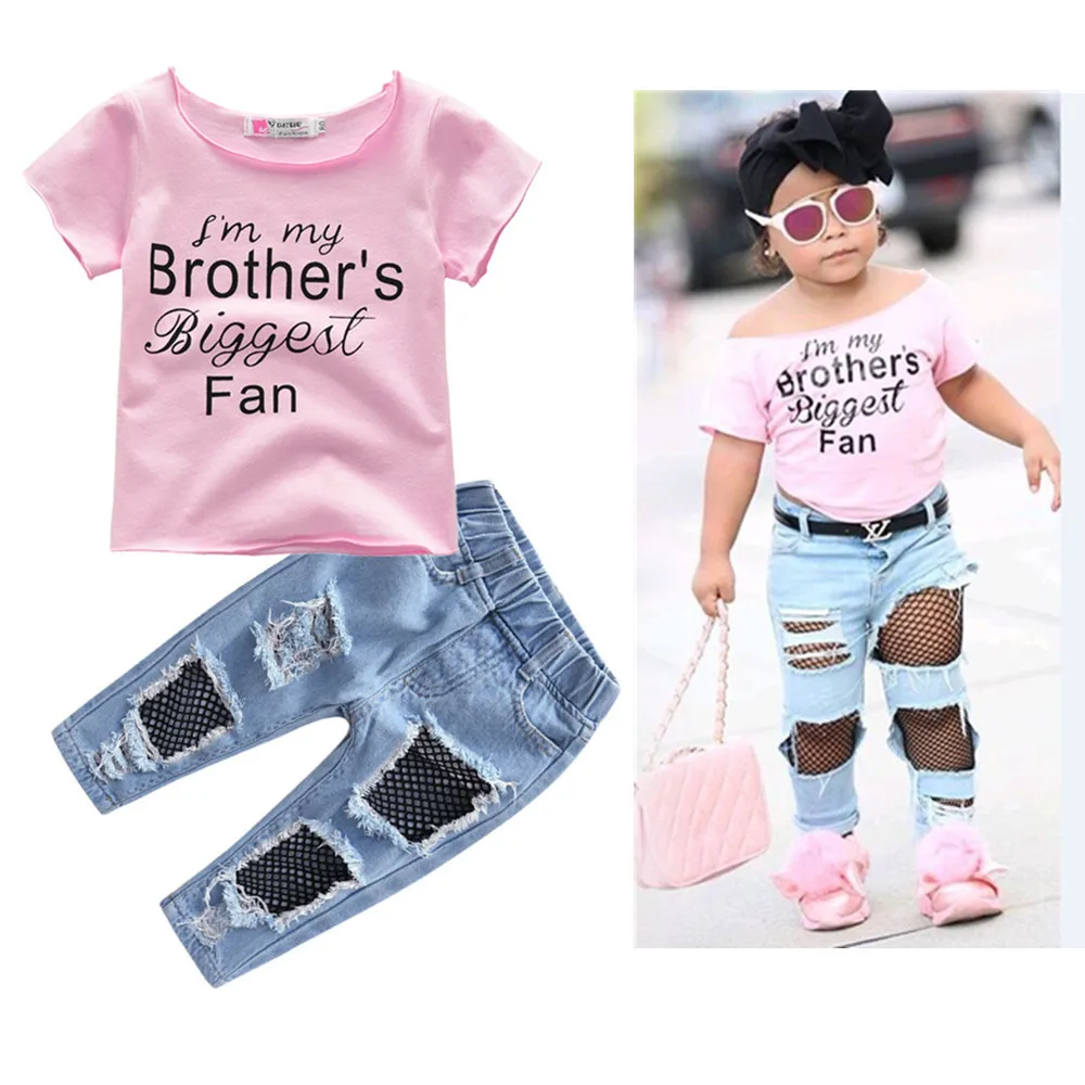 Summer Girls Clothing Set Cotton Letter Print Short Sleeve T-Shirt+Ripped Jeans 2Pcs Suit For 1-5 Years Children Casual Outfit
Summer Girls Clothing Set Cotton Letter Print Short Sleeve T-Shirt+Ripped Jeans 2Pcs Suit For 1-5 Years Children Casual Outfit