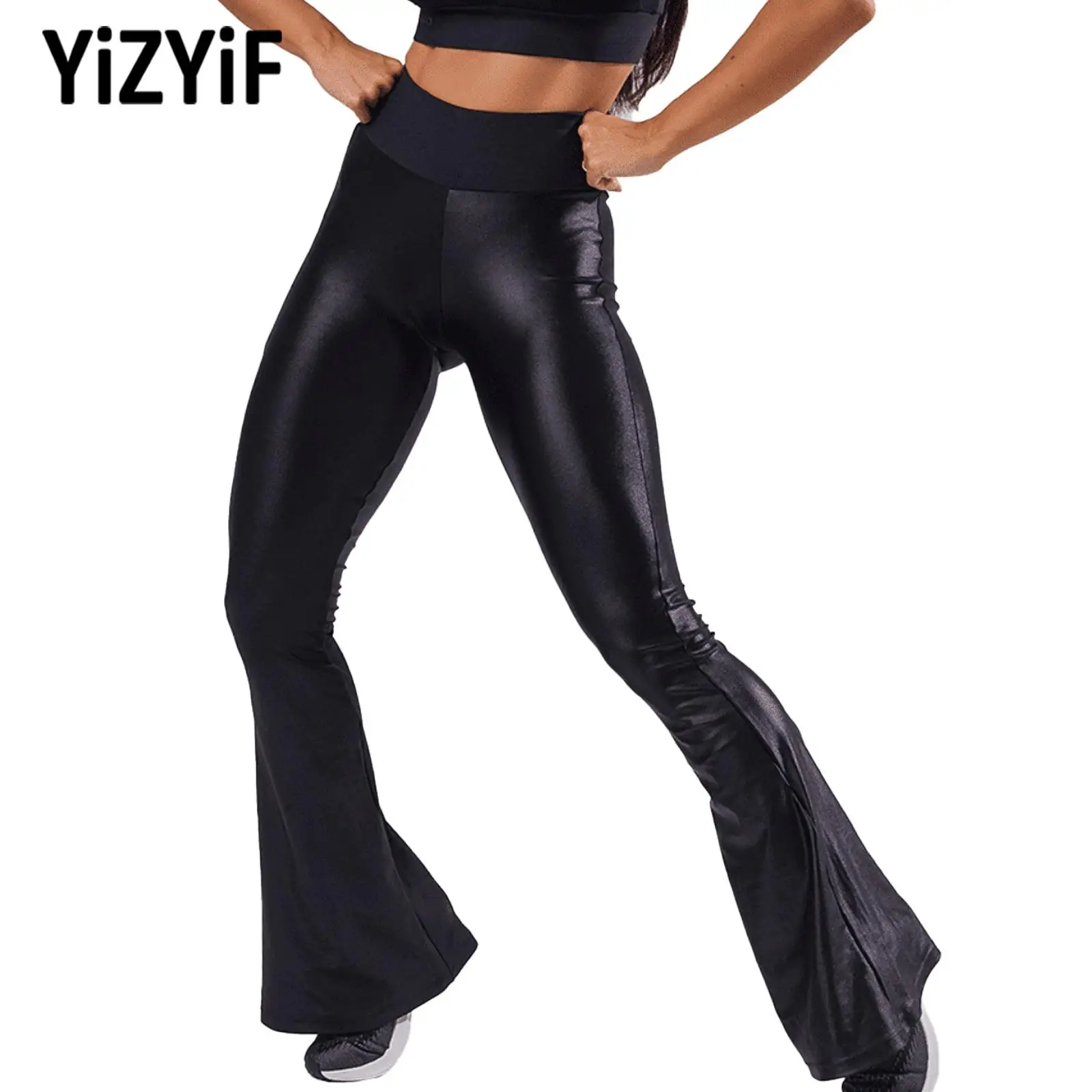 

Black Women Stretchy Jazz Dance Pants High Waist Wide Elastic Waistband Faux Leather Flared Pants Bell Bottom Gym Yoga Dancewear