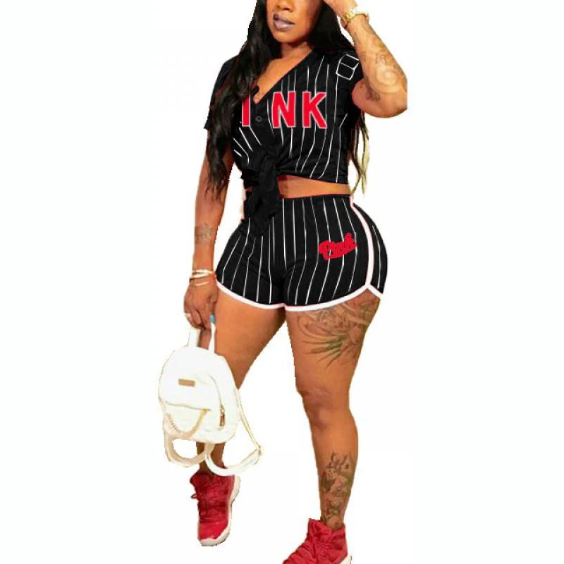Striped Casual Two Piece Set Button Bow Lace Up Crop Top Shorts Female Tracksuit Pink Letter Print 2pcs Outfits Matching Sets
Striped Casual Two Piece Set Button Bow Lace Up Crop Top Shorts Female Tracksuit Pink Letter Print 2pcs Outfits Matching Sets