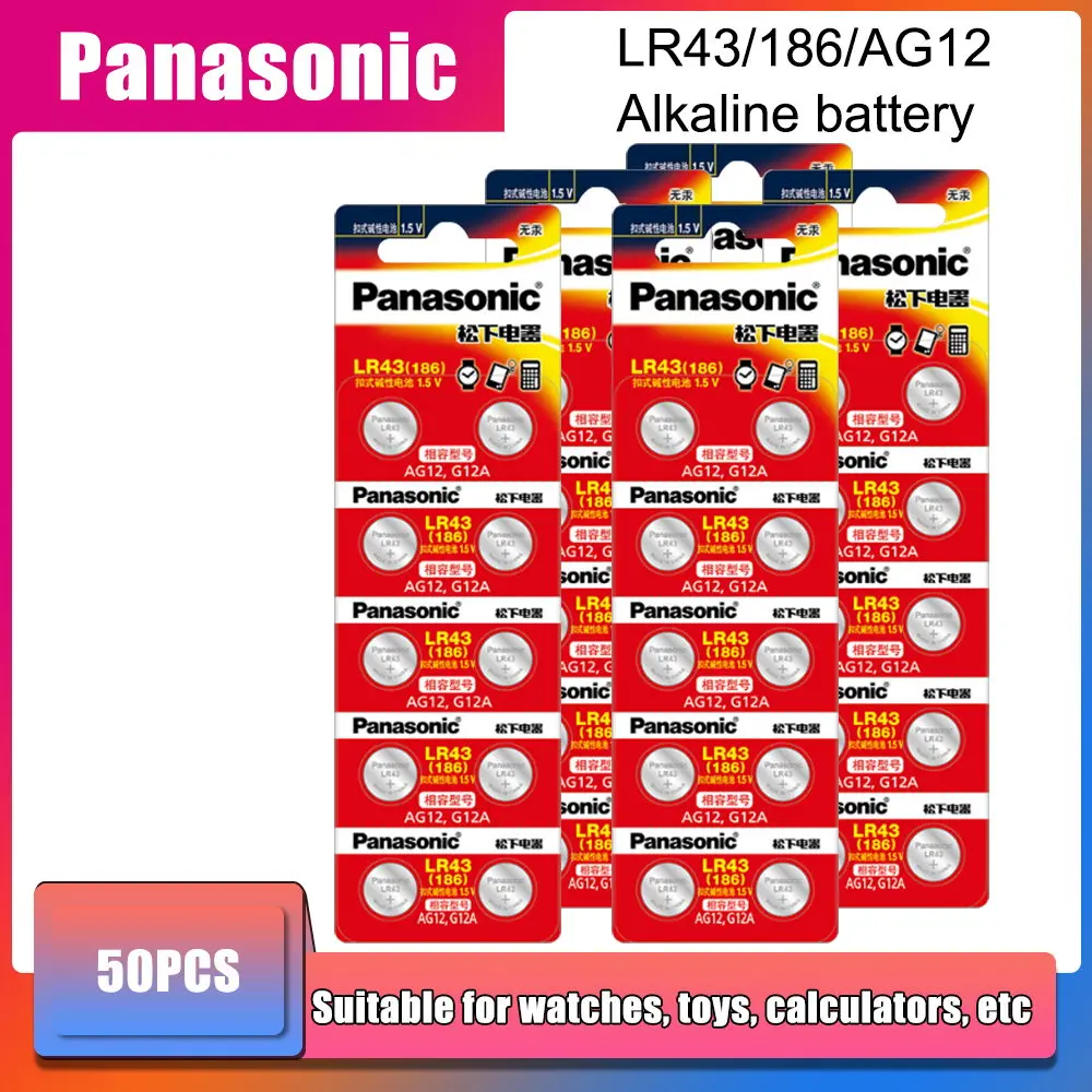 50pcs/lot Panasonic AG12 LR43 186 0%Hg for Watches Toys 1.5V Cell Alkaline batteries For calculator 0%Hg
50pcs/lot Panasonic AG12 LR43 186 0%Hg for Watches Toys 1.5V Cell Alkaline batteries For calculator 0%Hg
