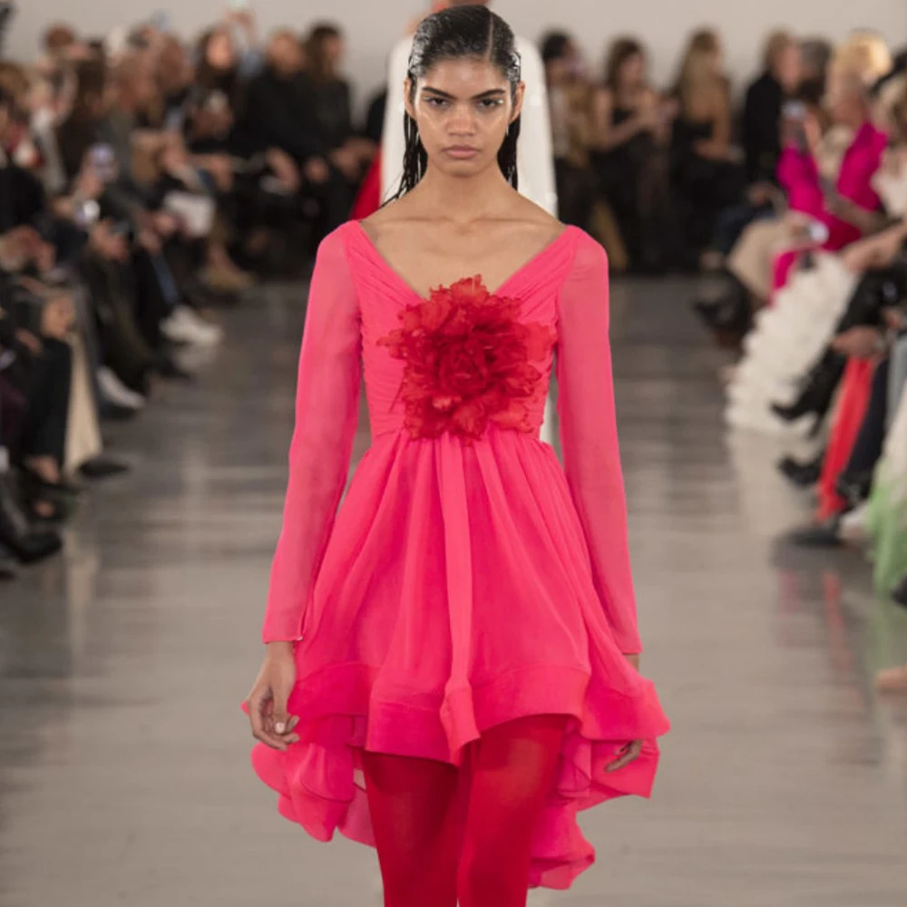 V-neck Chiffon Mini Dress Ruffles Pink Dress Long Sleeve Party Gown With Flowers High Low Women Clothing Elegant Dresses Woman
V-neck Chiffon Mini Dress Ruffles Pink Dress Long Sleeve Party Gown With Flowers High Low Women Clothing Elegant Dresses Woman