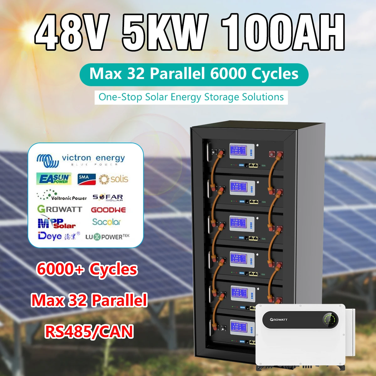 

LiFePO4 48V 5KW Battery Pack 51.2V 100AH Lithium Battery 6000+ Cycles Max 32 Parallel RS485 CAN For Solar Off/On Grid Inverter