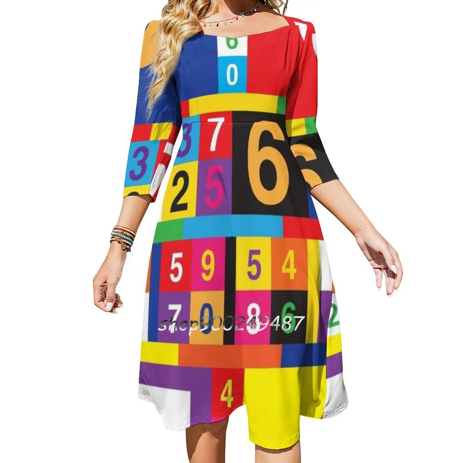

Coloured Numbers Flare Dress Square Neck Dress Elegant Female Fashion Printed Dress Boy George Culture Club Colour By Numbers