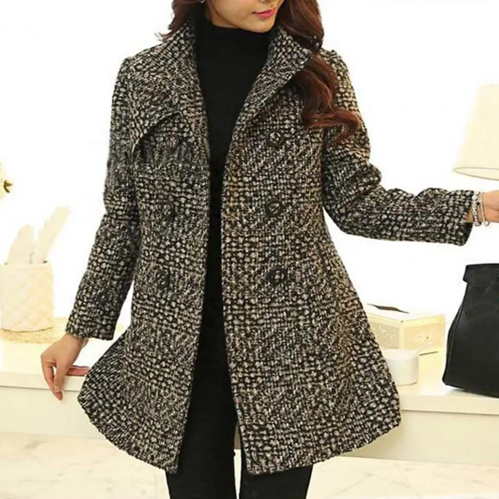 

Женское зимнее шерстяное пальто, плотное двубортное теплое пальто средней длины в клетку с отложным воротником и принтом, элегантное пальт...