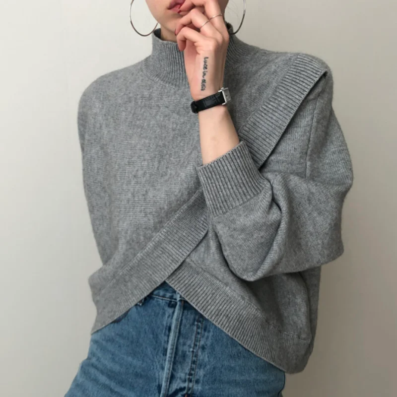 Fashion Half-turtleneck Women Sweater Jumpers Autumn Winter Knitwear Irregular Criss-cross Split Loose Female Knitted Pullovers
Fashion Half-turtleneck Women Sweater Jumpers Autumn Winter Knitwear Irregular Criss-cross Split Loose Female Knitted Pullovers