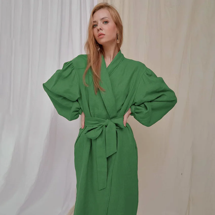 Европейские и американские зеленые пижамы из хлопка и льна с рукавами-фонариками и банными халатами средней длины однотонные пижамы для сн... 
Европейские и американские зеленые пижамы из хлопка и льна с рукавами-фонариками и банными халатами средней длины однотонные пижамы для сн...