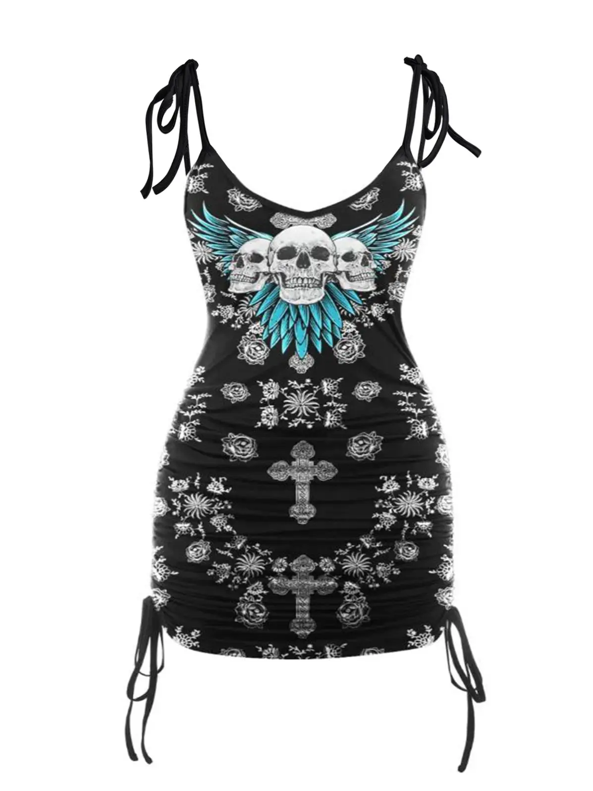 

Dressfo Flower Skull Wing Print Halloween Long Tank Top Cinched Tie Knot Strap Sleeveless Women Vest Summer Breathable Camisole