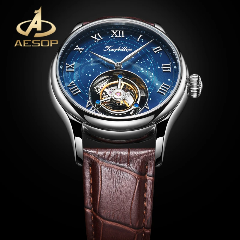 AESOP Real Tourbillon Men's Mechanical Watches Waterproof Sapphire Glass Watch Roman Numerals Starry Sky Dial Watch
AESOP Real Tourbillon Men's Mechanical Watches Waterproof Sapphire Glass Watch Roman Numerals Starry Sky Dial Watch