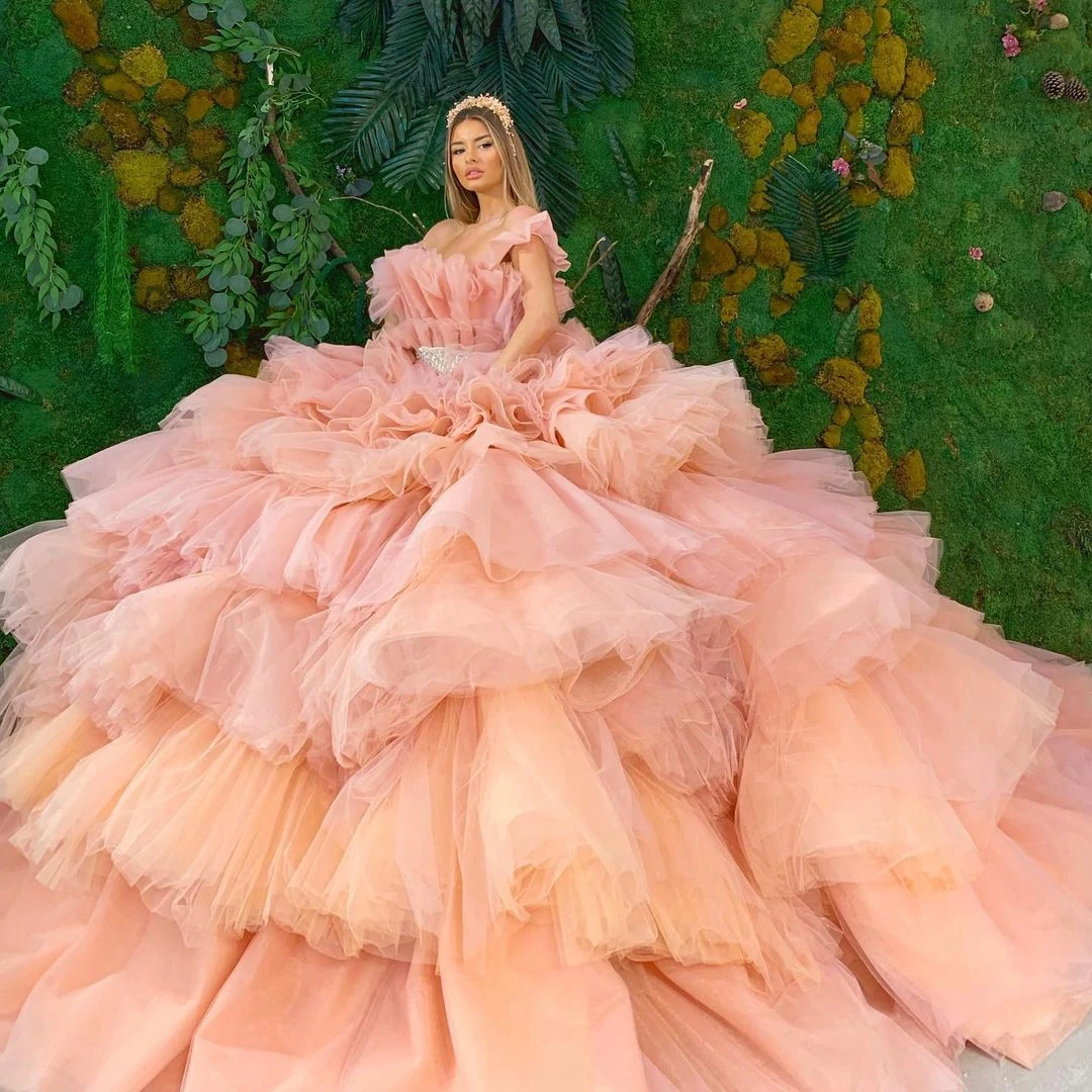 

Very Puffy Peach Pink Tulle Ball Gowns Ruffled Tiered Tulle Bridal Dresses Pretty Tutu Prom Gowns Hand Made Tulle Robe