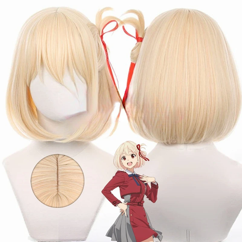 

Anime Lycoris Recoil Nishikigi Chisato Cosplay Wig Short Blonde Bob Hair with Ribbon Heat Resistant Synthetic Wigs+Wig Cap