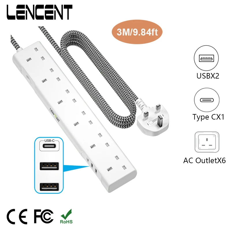 LENCENT Power Strip with 6 AC Outlets 2 USB 1 Type C Multi Power Plug Extension with 3M Braided Extension Cord for Home Office
LENCENT Power Strip with 6 AC Outlets 2 USB 1 Type C Multi Power Plug Extension with 3M Braided Extension Cord for Home Office