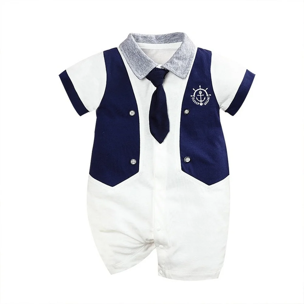 Summer Baby Boy Romper 1 Year Old Sailor Suit Style Fake Two Pieces Bodysuits with Tie Infant Newborn Baby Cotton Romper
Summer Baby Boy Romper 1 Year Old Sailor Suit Style Fake Two Pieces Bodysuits with Tie Infant Newborn Baby Cotton Romper