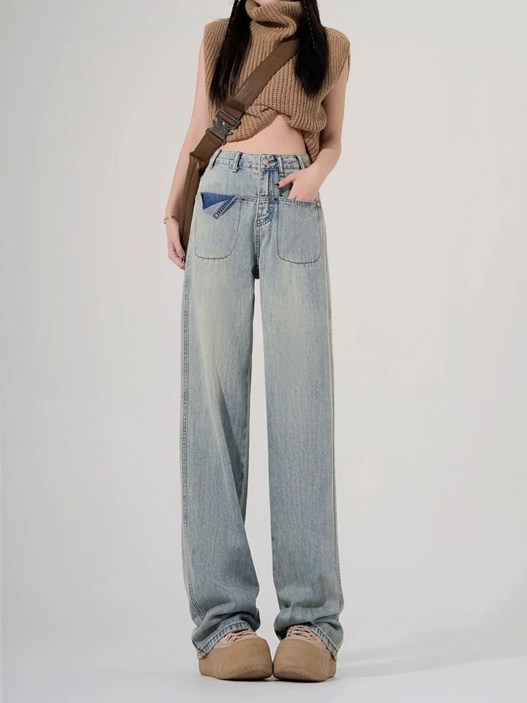 

Осенние корейские винтажные женские джинсы, мешковатые прямые широкие джинсовые брюки с высокой талией, новинка 2023, облегающие шикарные ретро модные брюки Y2k