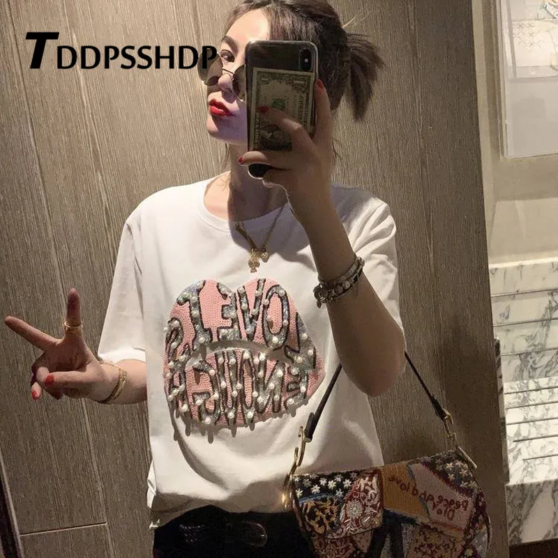 Beading Lip Alphabet Printing Women T Shirt Short Sleeve 2019 Spring Slim All Match Female Tee Shirts 
Beading Lip Alphabet Printing Women T Shirt Short Sleeve 2019 Spring Slim All Match Female Tee Shirts