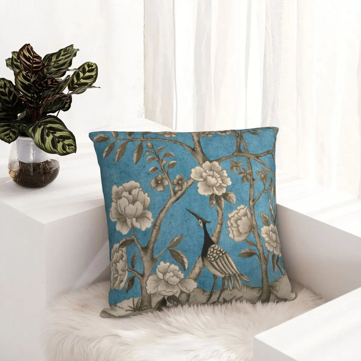 

Navy Blue Chinoiserie Bird And Peonies Floral Pillowcase Printed Cushion Cover Gift Throw Pillow Case Cover Sofa Zipper 18"