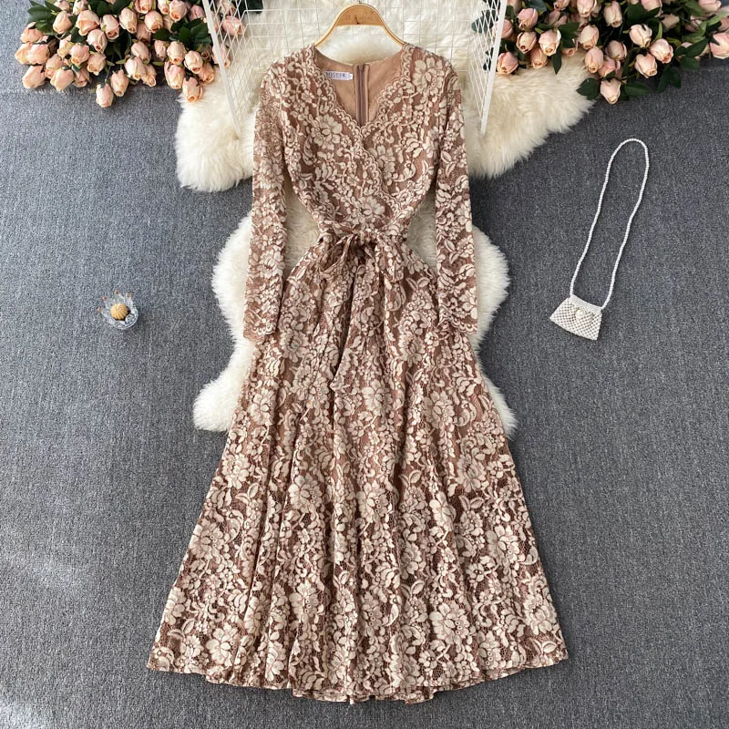 LIRUICHENG Elegant Lace Embroidery Dress Women Long Sleeve V Neck Sashes A-line Dress Autumn French Fashion Streetwear Long
LIRUICHENG Elegant Lace Embroidery Dress Women Long Sleeve V Neck Sashes A-line Dress Autumn French Fashion Streetwear Long