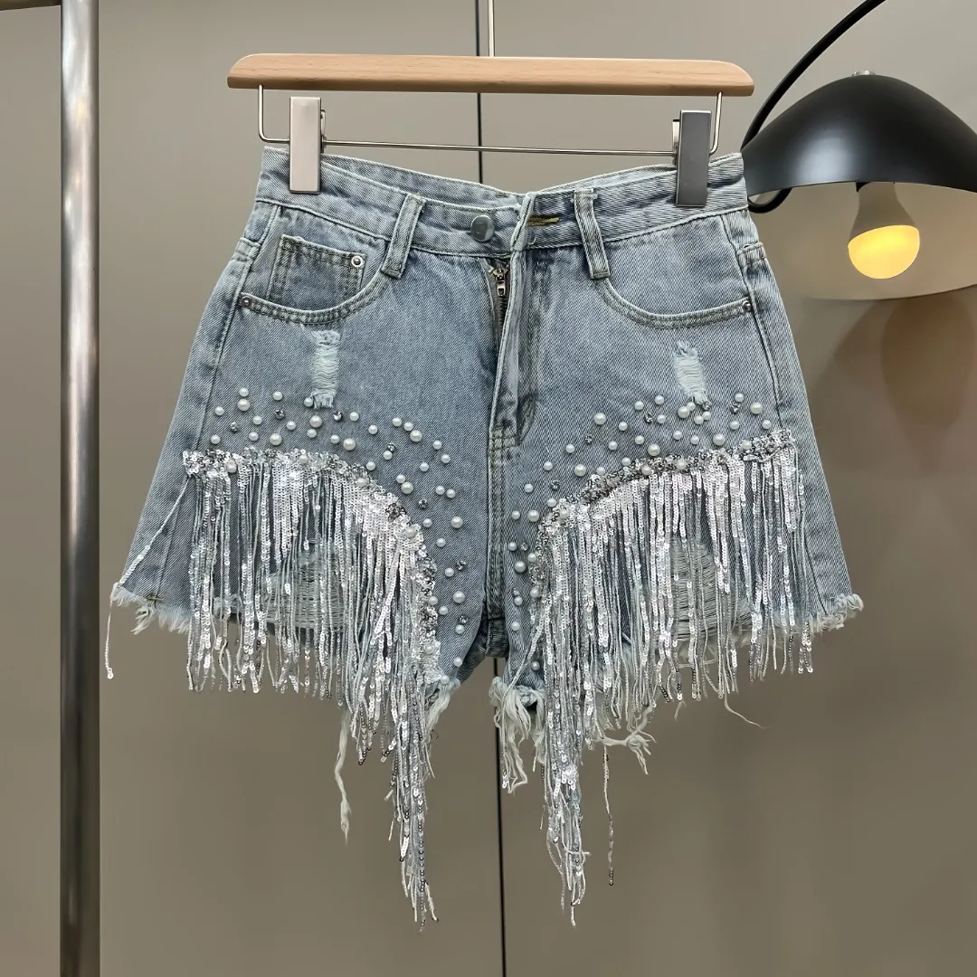 Women Beaded Denim Shorts High Waist Fashion Cowboy Hole Shorts Street Punk Style Skinny Female Rhinestone Tassel Jeans Shorts
Women Beaded Denim Shorts High Waist Fashion Cowboy Hole Shorts Street Punk Style Skinny Female Rhinestone Tassel Jeans Shorts