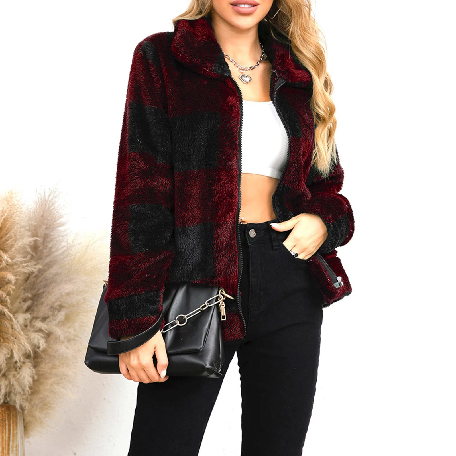 

Women's Long Sleeve Lapel Zip Up Faux Shearling Jacket Fuzzy Long Fleece Womens Coats Fleece Jacket Women with Hood