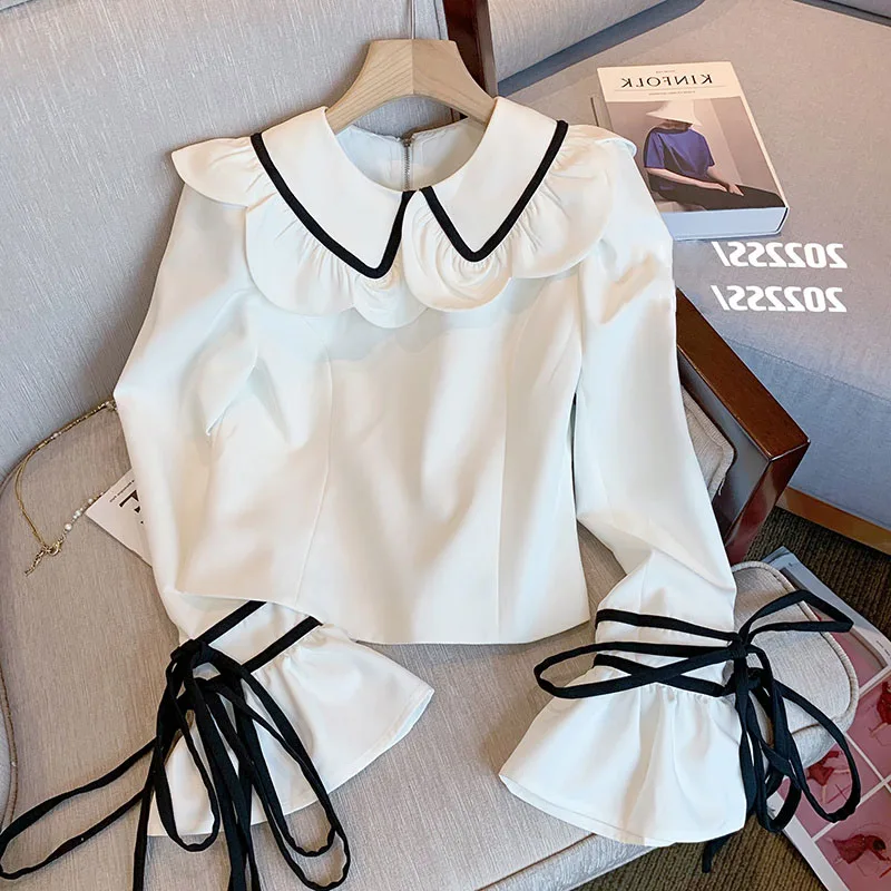 Summer White Baby Collar Shirt Chic Design Sense Of Minority Bow Female Sleeve Lace Up Blouse
Summer White Baby Collar Shirt Chic Design Sense Of Minority Bow Female Sleeve Lace Up Blouse