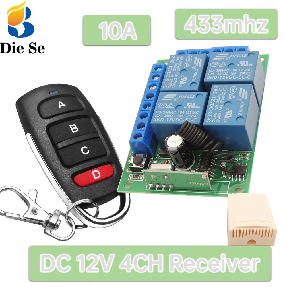 

433Mhz RF Wireless Relay Receiver Switch DC 12V 4 Ch 10A Relay Controller and Rf Transmitter for Gate Door Opener Light Diy