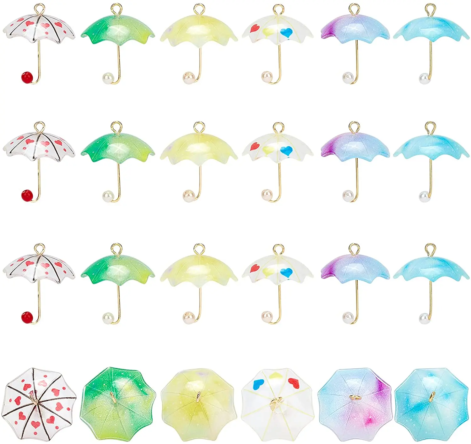 24 PCS 6 Colors Acrylic Umbrella Charms Pendant with Golden Plated Brass Loops & Plastic Imitation Pearl 
24 PCS 6 Colors Acrylic Umbrella Charms Pendant with Golden Plated Brass Loops & Plastic Imitation Pearl