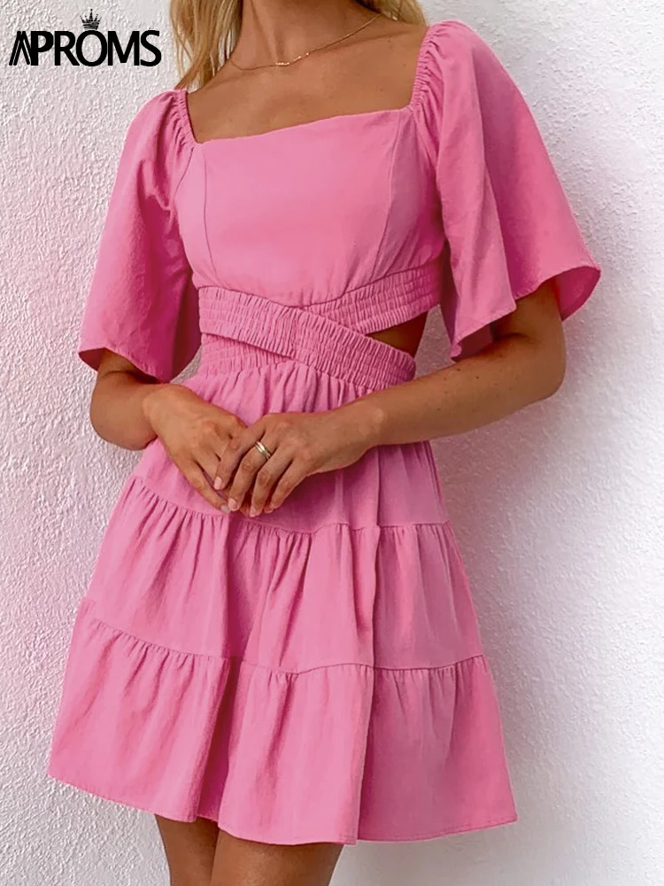 Aproms Pink Square Neck Cotton Cut-Out Mini Dress for Women Summer Short Sleeve Back Shirring Dress Ruffle Sundresses Femme 2022
Aproms Pink Square Neck Cotton Cut-Out Mini Dress for Women Summer Short Sleeve Back Shirring Dress Ruffle Sundresses Femme 2022