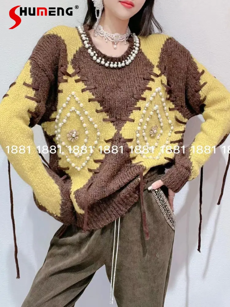 Vintage Beaded Color Matching Yellow Sweater for Women 2022 Autumn Winter Clothing New Loose Ribbon Pullover Sweater Coat Ladies
Vintage Beaded Color Matching Yellow Sweater for Women 2022 Autumn Winter Clothing New Loose Ribbon Pullover Sweater Coat Ladies