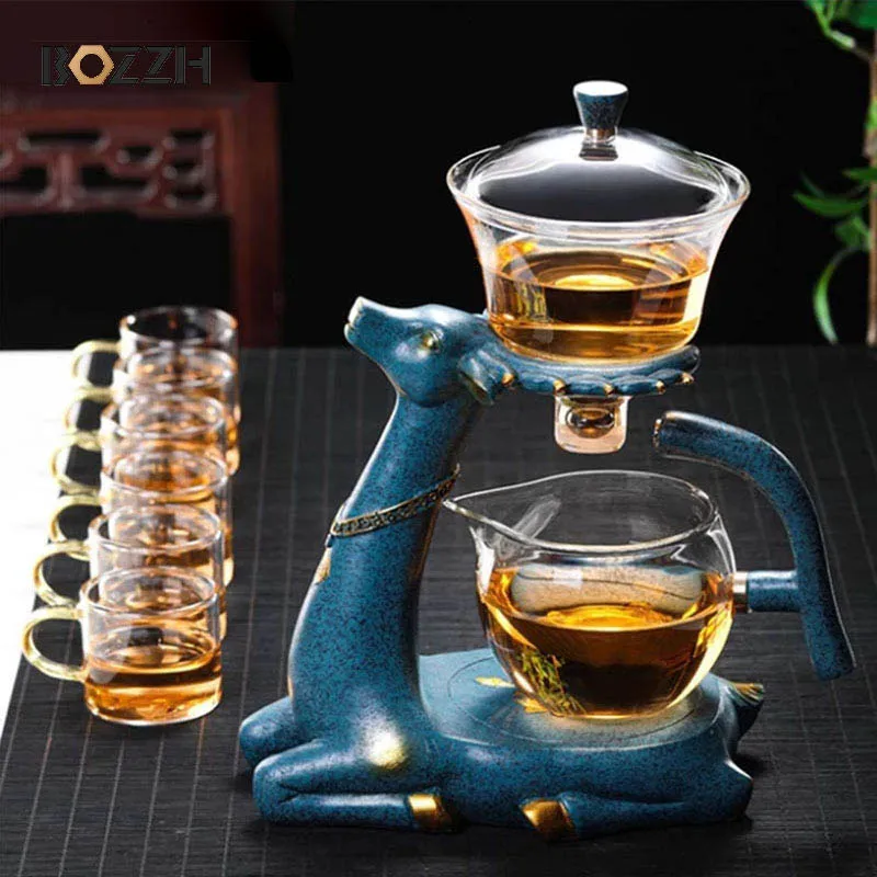 

BOZZH Full Automatic Creative Deer Teapot Kungfu Glass Tea Set Magnetic Water Diversion Tea Infuser Turkish Drip Pot With Base