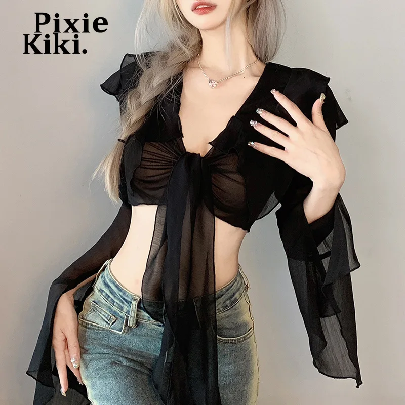 Пиксики Y2k Фея гранж черная сетка прозрачные сексуальные рубашки для женщин с завязкой расклешенный топ с длинным рукавом Осень 2022
Пиксики Y2k Фея гранж черная сетка прозрачные сексуальные рубашки для женщин с завязкой расклешенный топ с длинным рукавом Осень 2022