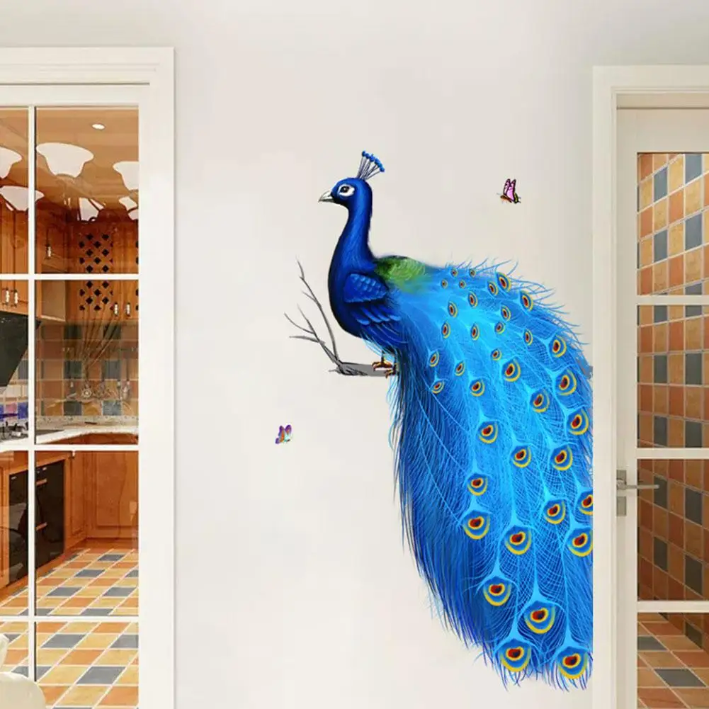 

1 шт. Наклейка на стену с узором павлина, самоклеящаяся наклейка на стену для домашнего декора, наклейка на стену с синим павлином и бабочкой V9P8
