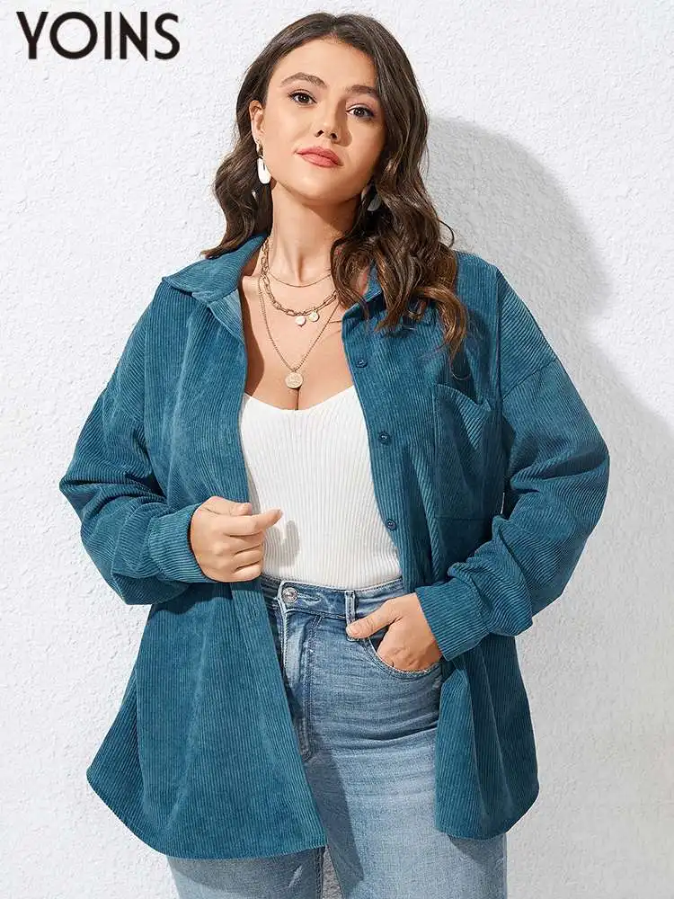 

YOINS 2023 Women Thin Jackets Plus Size Solid Long Sleeve Autumn Lapel Collar Front Button Corduroy Shirt Tops Blouses Tunic 4XL