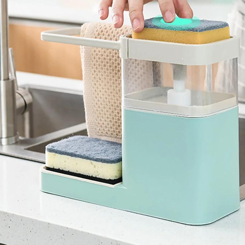 Two In One Sponge Drain Soap Dispenser with Sponge Pump Dispenser Wipe Arrangement Rack Dish Towel Hanger Kitchen Storage Holder
Two In One Sponge Drain Soap Dispenser with Sponge Pump Dispenser Wipe Arrangement Rack Dish Towel Hanger Kitchen Storage Holder