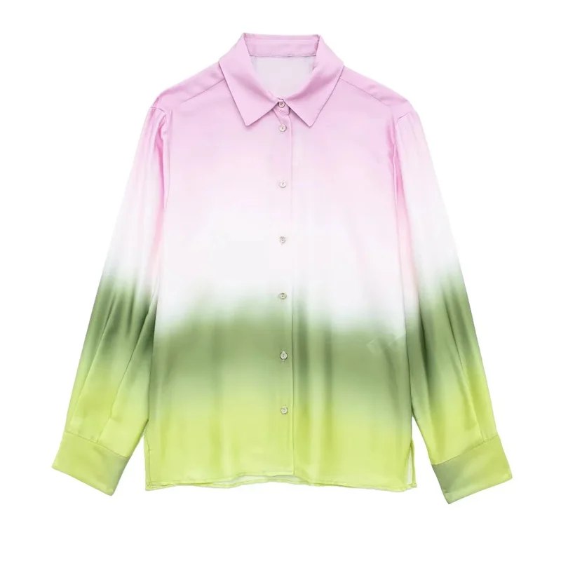 

TRAF 2023 Tie Dye Print Shirt For Women Lapel Collar Long Sleeves Fashion Shirt Side Vents At Hem Front Button Closure Shirt