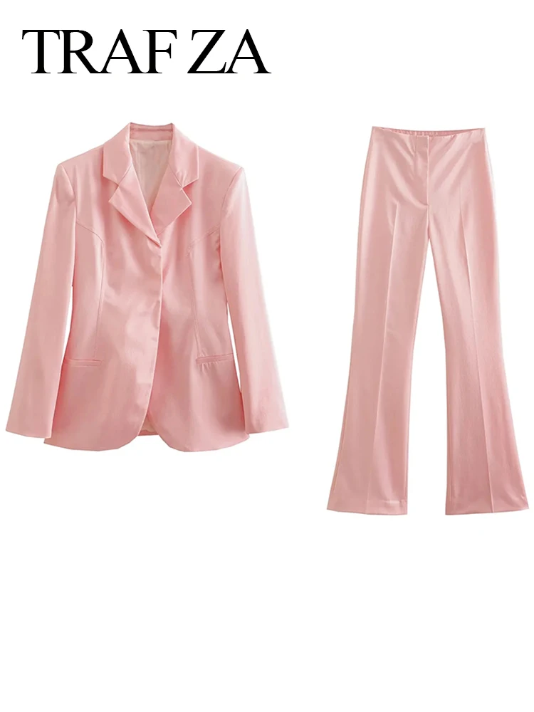 TRAF ZA Premium Blazer Slim Flared Pants Women's Two Piece Outfit Pink Silk Satin Texture Daily Commuter Ladies Suit 2022 New
TRAF ZA Premium Blazer Slim Flared Pants Women's Two Piece Outfit Pink Silk Satin Texture Daily Commuter Ladies Suit 2022 New