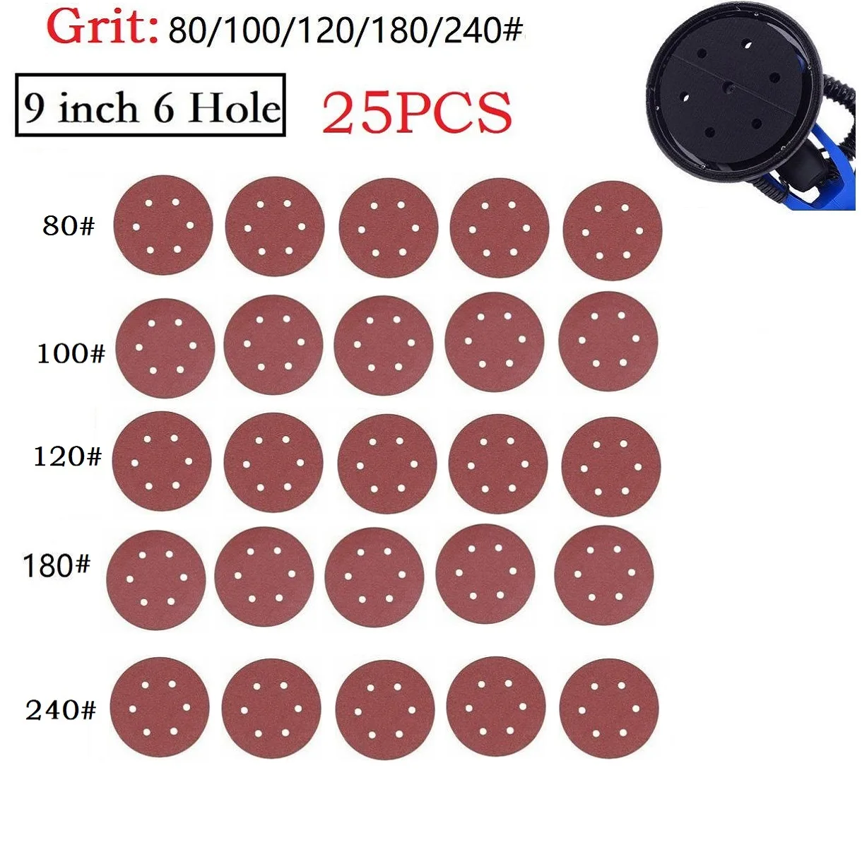 25 Pcs 9 Inch Sandpaper Sanding Pad 225mm 6 Hole 80/100/120/180/240 Grit For Electrical Polisher Parts Wall Polishing Tools
25 Pcs 9 Inch Sandpaper Sanding Pad 225mm 6 Hole 80/100/120/180/240 Grit For Electrical Polisher Parts Wall Polishing Tools