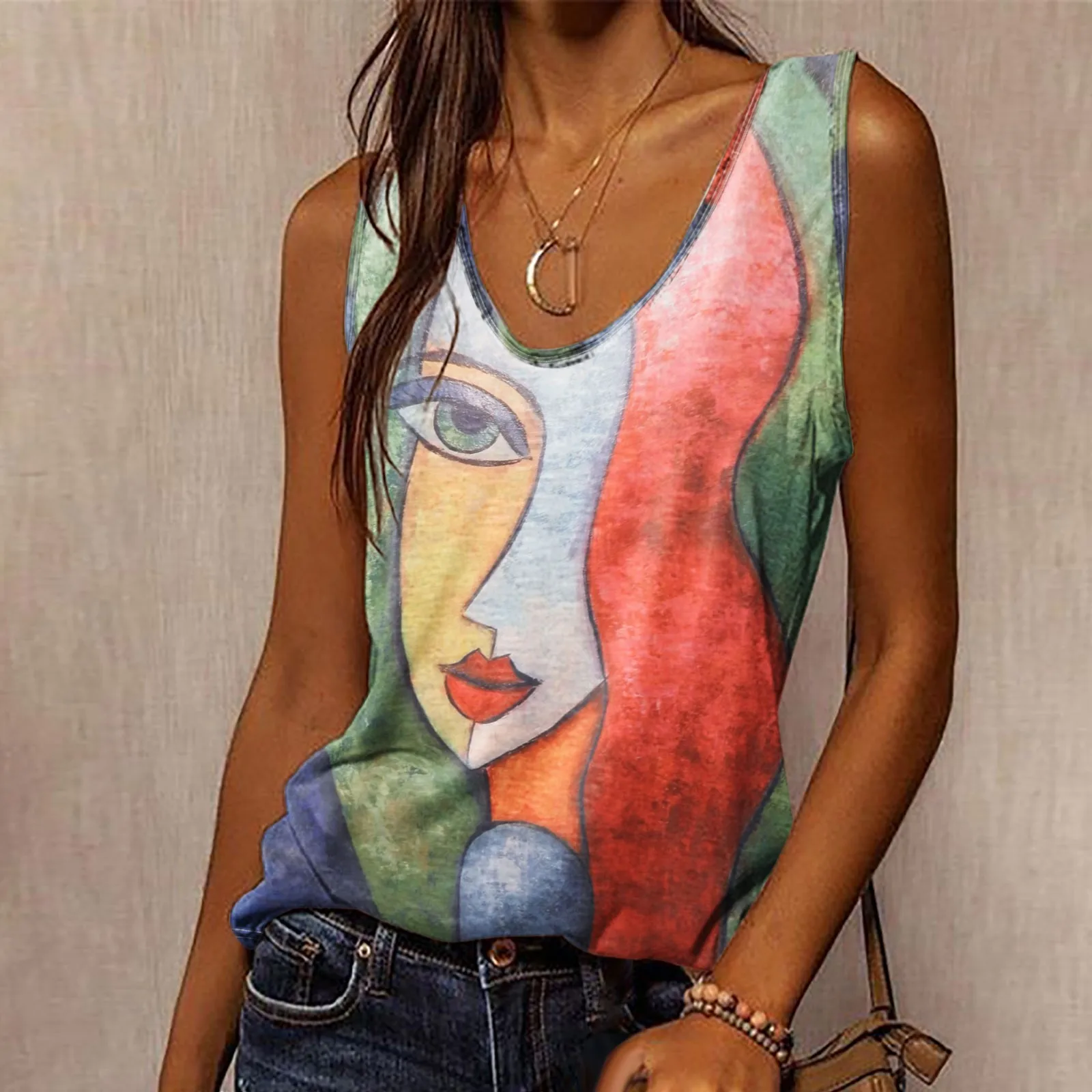 Женская футболка без рукавов, Повседневная Свободная майка с абстрактным принтом лица, с V-образным вырезом, в стиле Харадзюку, лето 2022
Женская футболка без рукавов, Повседневная Свободная майка с абстрактным принтом лица, с V-образным вырезом, в стиле Харадзюку, лето 2022