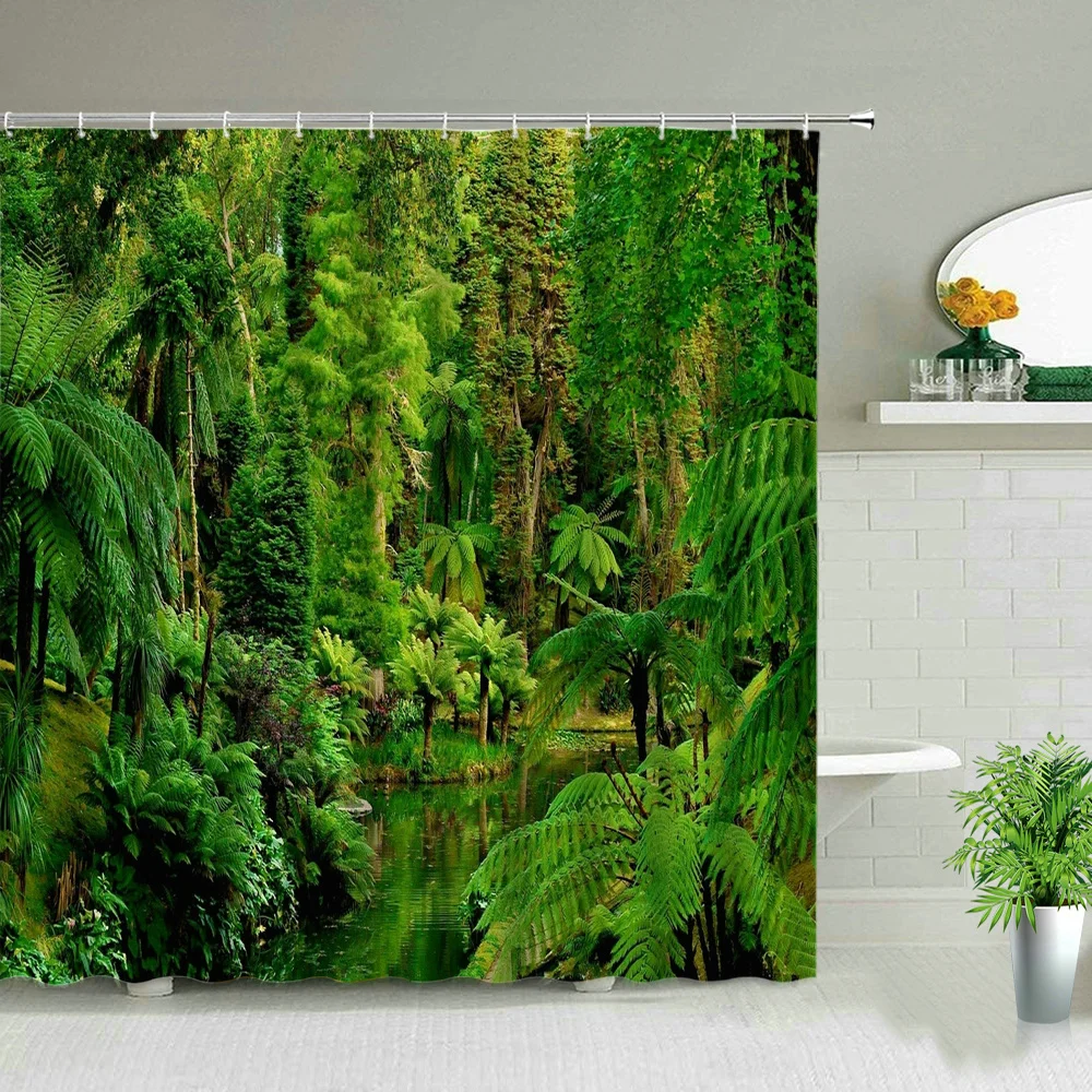 

Forest Landscape Shower Curtains Tree Waterfall Mount Fuji Scenery Waterproof Bathroom Curtain Set Bathtub Decor Cloth With Hook