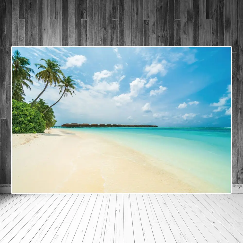 

Tropical Beach Summer Holiday Photography Backdrops Party Decors Clouds Sky Coconut Trees Shore Sign Photozone Photo Backgrounds