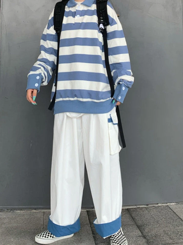 Women Techwear Preppy 2pcs Suits Korean Autumn Harajuku Stripe Sweatshirt + Tooling Wide-leg Pants Two-piece Set Big Pockets
Women Techwear Preppy 2pcs Suits Korean Autumn Harajuku Stripe Sweatshirt + Tooling Wide-leg Pants Two-piece Set Big Pockets