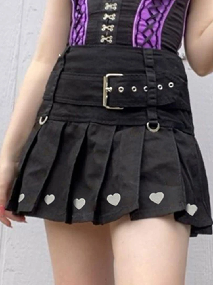 

Y2k Black Denim Pleated Skirts for Women Gothic Clothes Belted High Waisted Mini Skirt Dark Academia