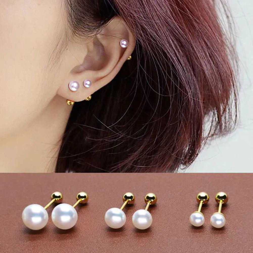 

1 Pc Stainless Steel Earrings White Pearl Screw Stud Earrings For Women Girls Tiny 10G Piercing Sleeper Mens Fashion Tragus Ears