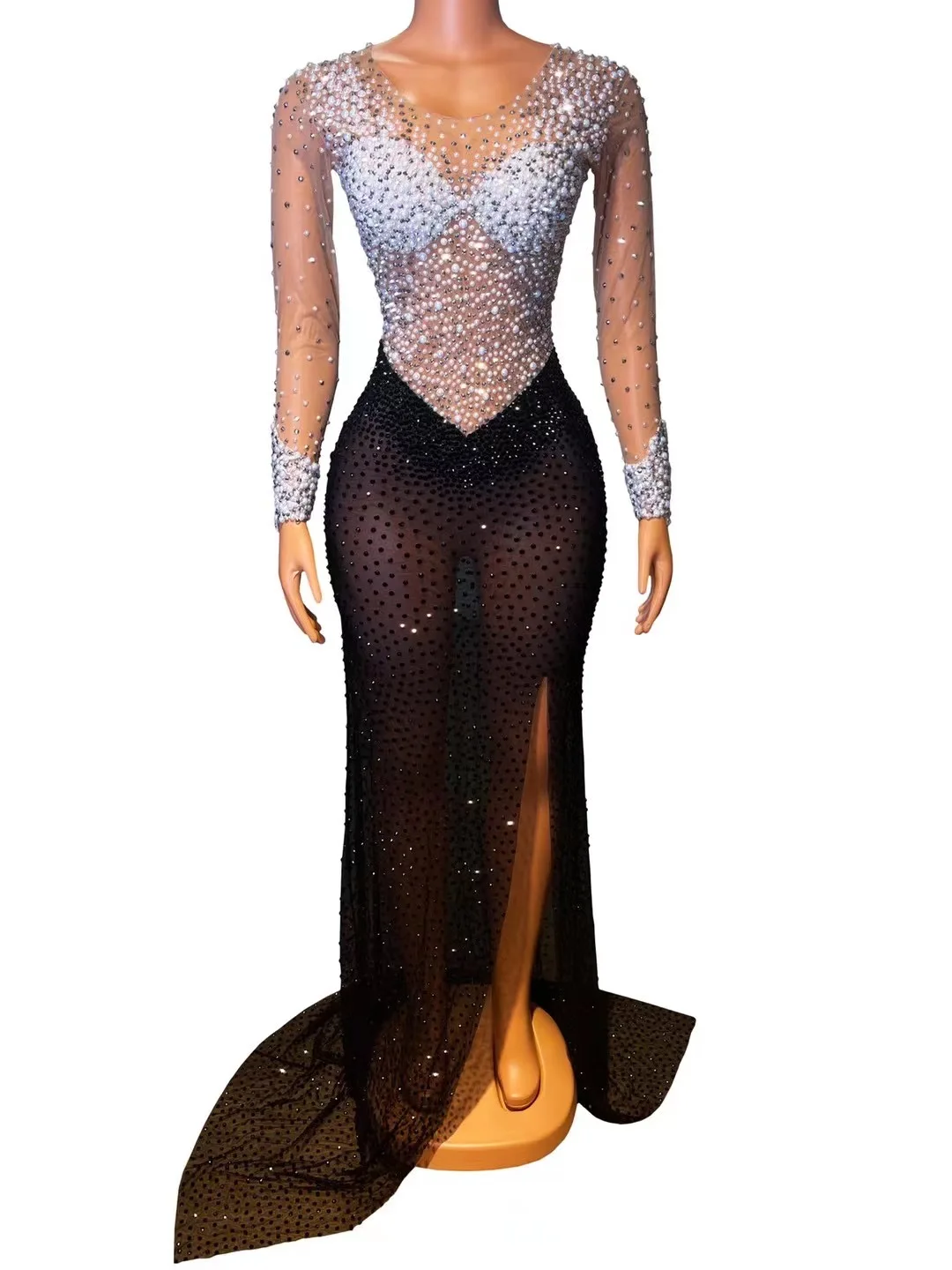 

White Pearls Black Stones MESH Costume Birthday Celebrate Long Train Dress Prom Party Stage Wear Female Singer Dresses