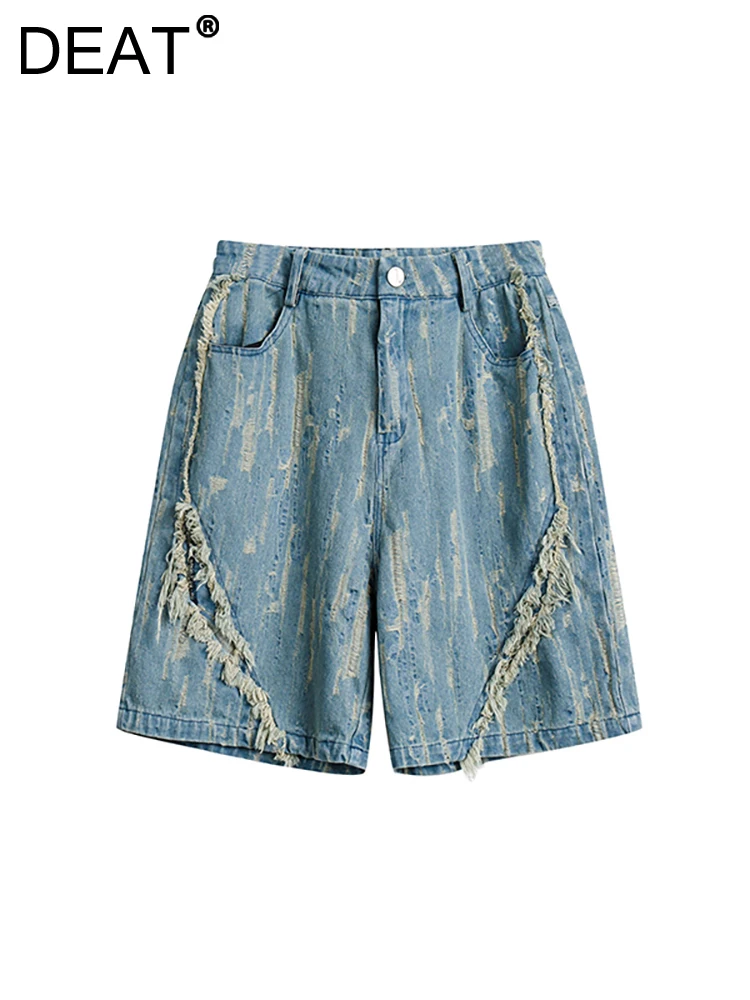 DEAT Women's Denim Shorts High Waist Hollow Out Burrs Edge Destroy Wash Ripped Knee Length Pants 2023 Summer New Fashion 29L2570 
DEAT Women's Denim Shorts High Waist Hollow Out Burrs Edge Destroy Wash Ripped Knee Length Pants 2023 Summer New Fashion 29L2570
