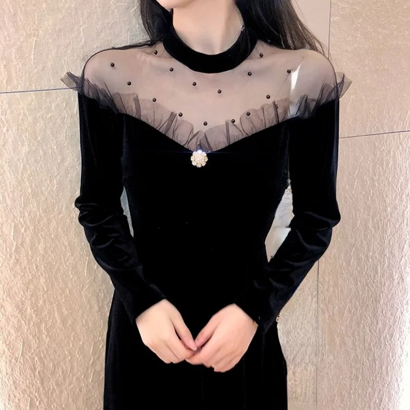 2021 Autumn Vintage Velvet Dress Women Lace Design Black Y2k Midi Long Sleeve Evening Party Korean Fashion | Женская одежда