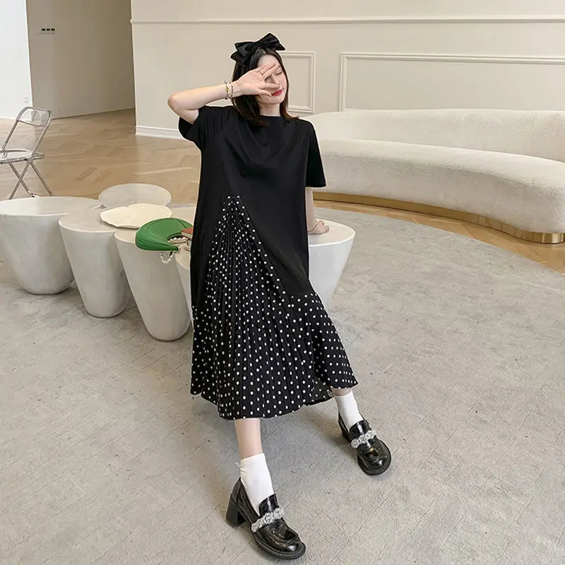 

2022 Summer Women Dress Korean Style Dress Causal Loose Cotton Big Size Splicing Polka Dot Pleating Long Dress Vestidos De Mujer