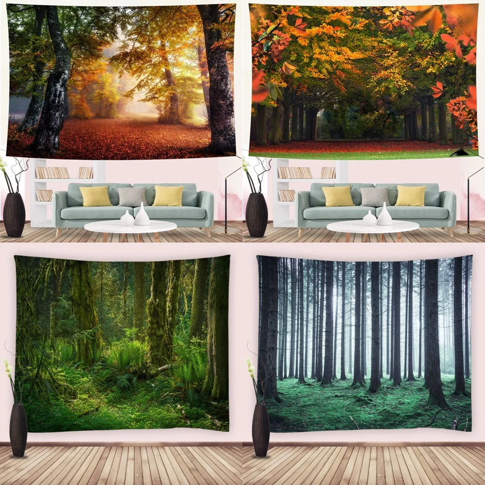 

Autumn Forest Tapestry Yellow Maple Leaves Trees Natural Scenery Rustic Woodland Wall Hanging Tapestries for Bedroom Living Room