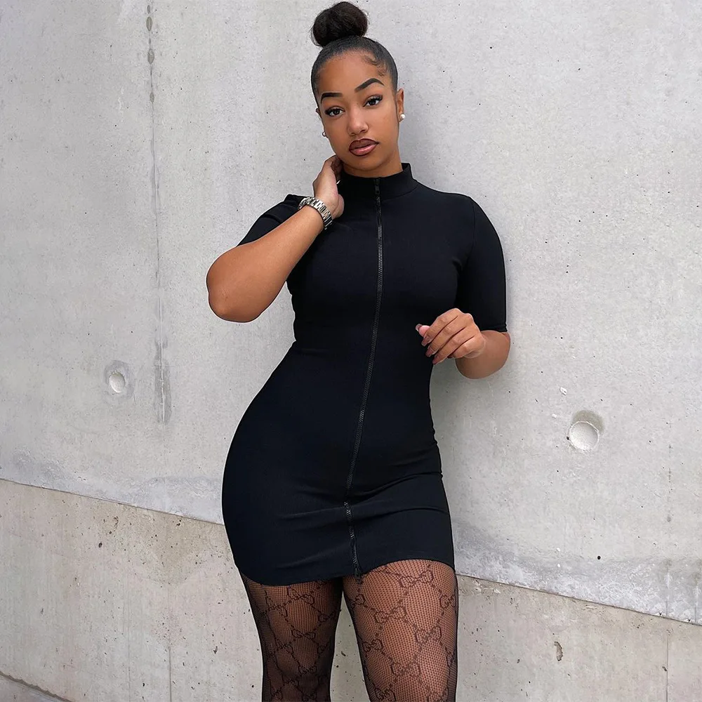 Active Wear Women Black Bodycon Mini Dresses Casual Turtleneck Short Sleeve Zipper Front Night Clubwear Party Elastic Robe Femme
Active Wear Women Black Bodycon Mini Dresses Casual Turtleneck Short Sleeve Zipper Front Night Clubwear Party Elastic Robe Femme