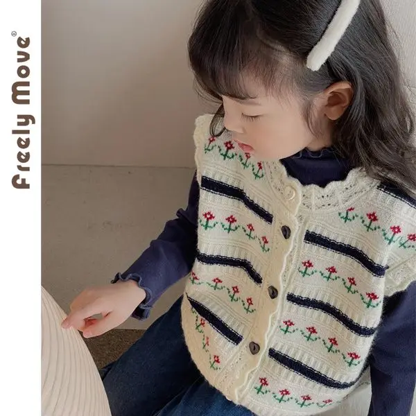 

Freely Move Girl Fall Clothes Sets 2023 New Autumn Girl Clothing Set Kids Knit Floral Vest Shirt Denim Pants 2Pcs Suits Outfits