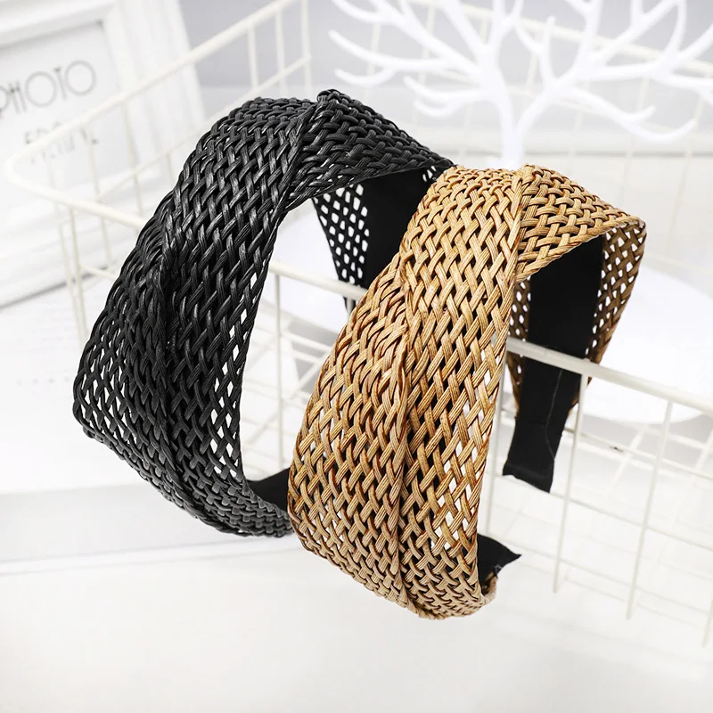 

1PC Straw Weaving Cross Knotted Headband Women Girls Handmade Hair Hoop Hand-woven Wide Head Band Lady Braided Hair Accessories